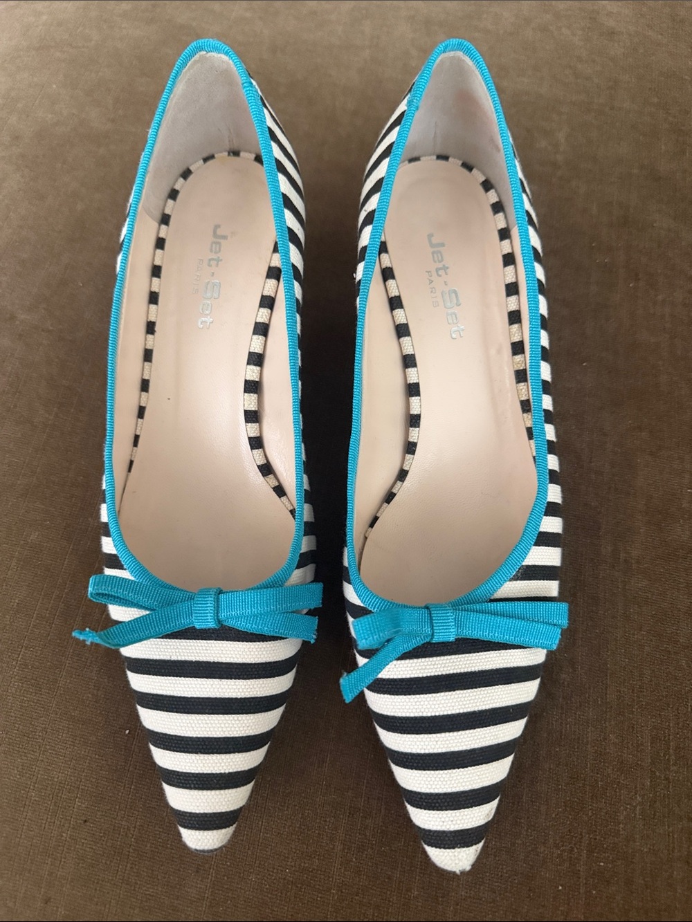 Jet-Set Striped Pointed Flats in Black, White & Turquoise